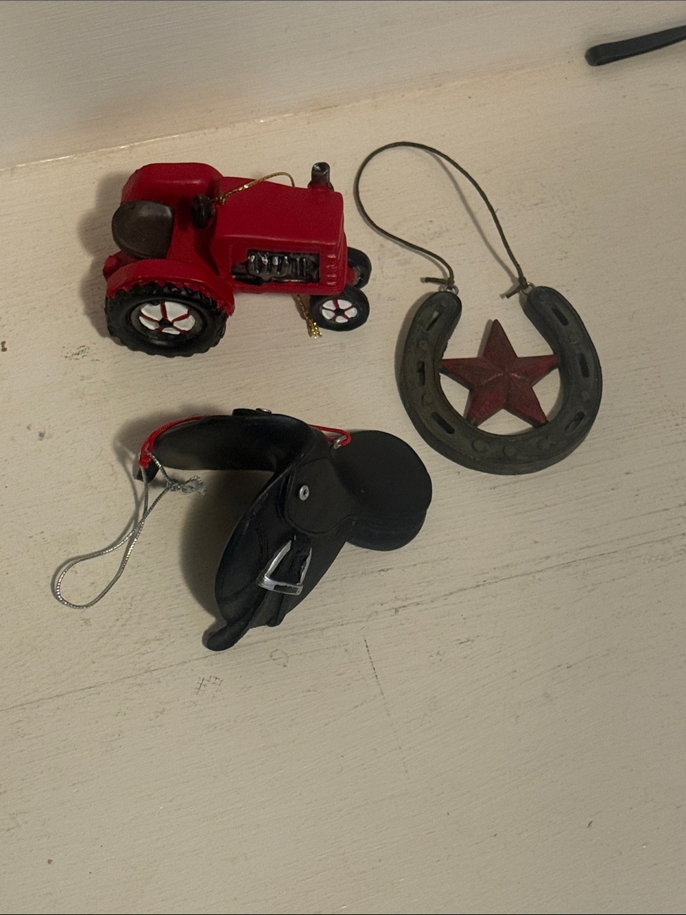 Christmas Red Tractor Ornament with Black Saddle lot of 3 horse girl tree